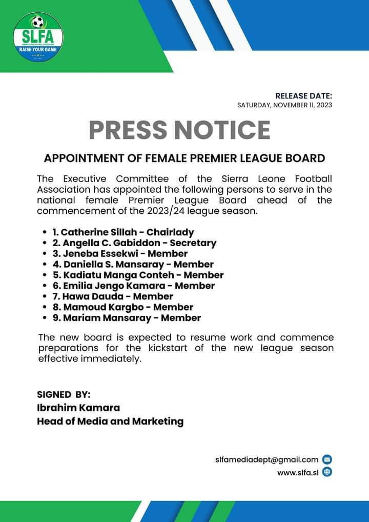 APPOINTMENT OF SIERRA LEONE FEMALE PREMIER LEAGUE BOARD