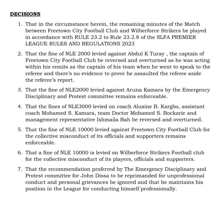 New Premier League Emergency Appeals Committee ruling in full in case between Freetown City and Wilberforce Strikers