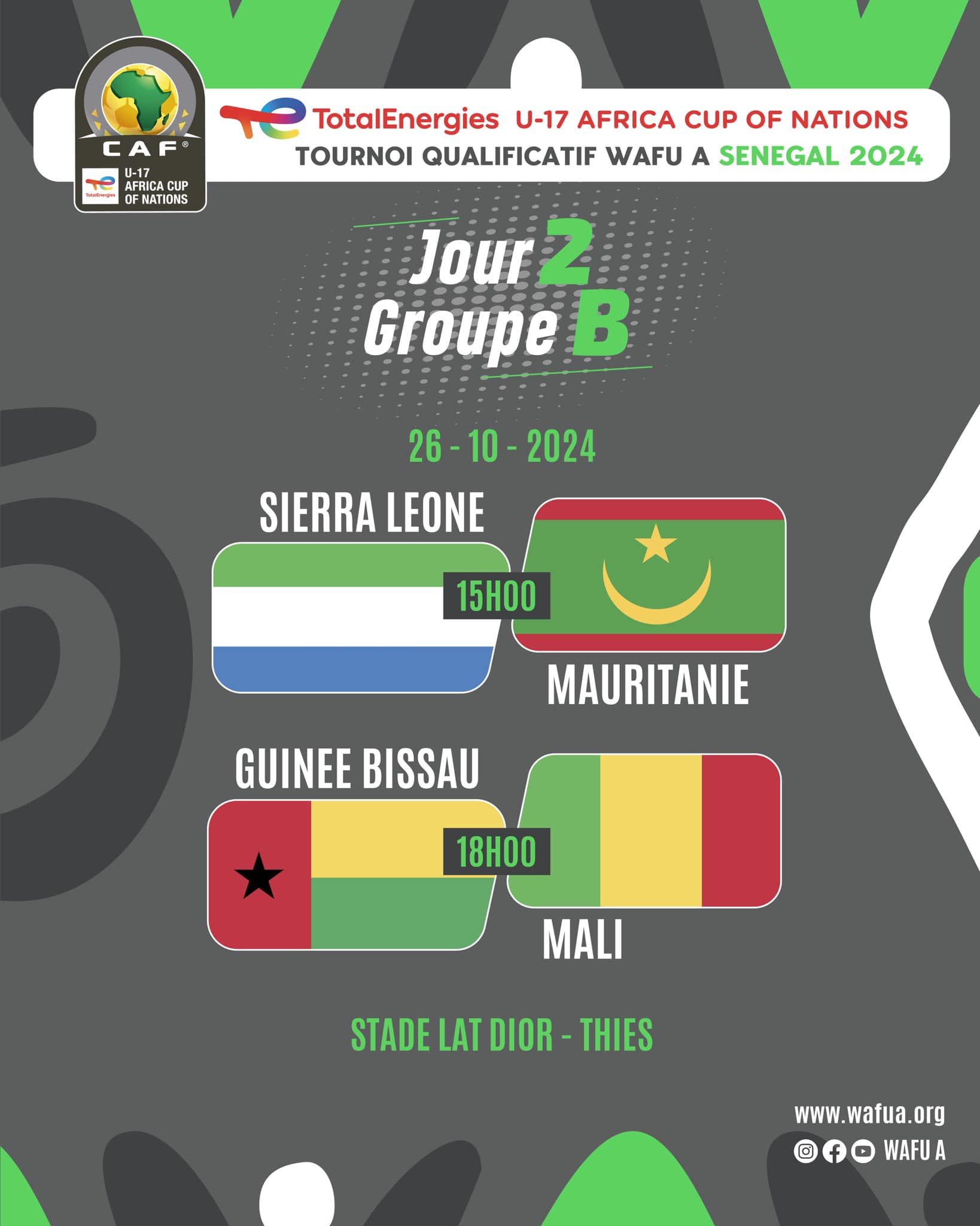 Later today, Group B will continue at the Lat Dior Stadium in Thiès. Sierra Leone will face Mauritania at 3 p.m., followed by Guinea-Bissau against Mali at 6 p.m.