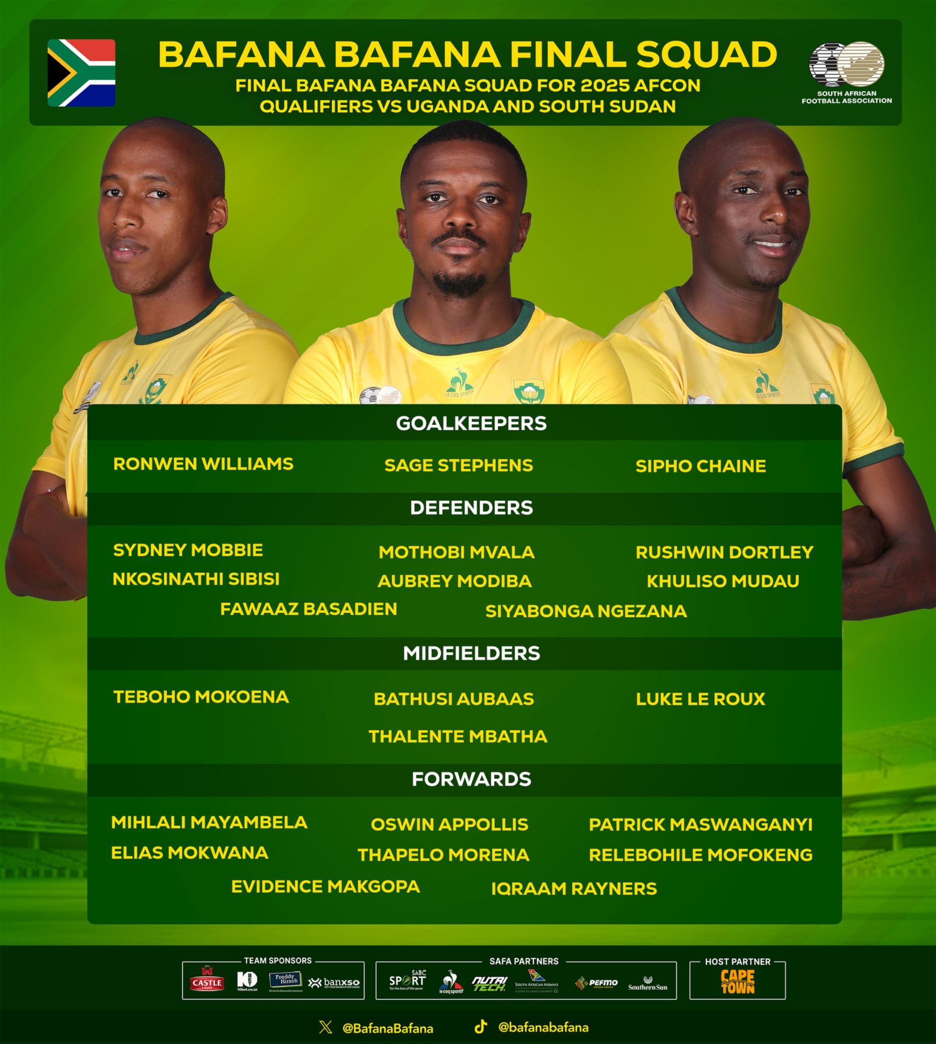 South Africa squad for squad for the crucial Africa Cup of Nations (AFCON) 2025 qualifiers against Uganda on November 15 and South Sudan on November 19.