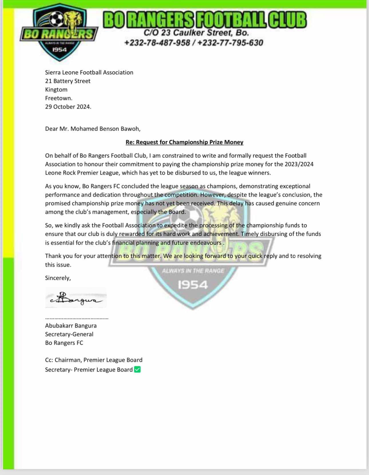 The Sierra Leone Champions Bo Rangers letter to the Sierra Leone Football Association