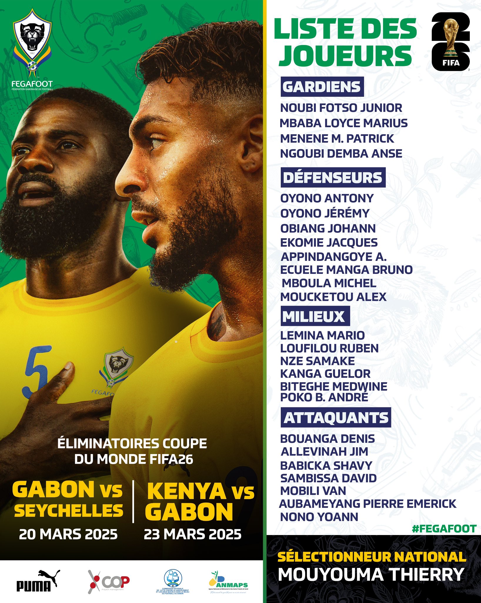 Full Gabon Squad for 2026 FIFA World Cup Qualifiers