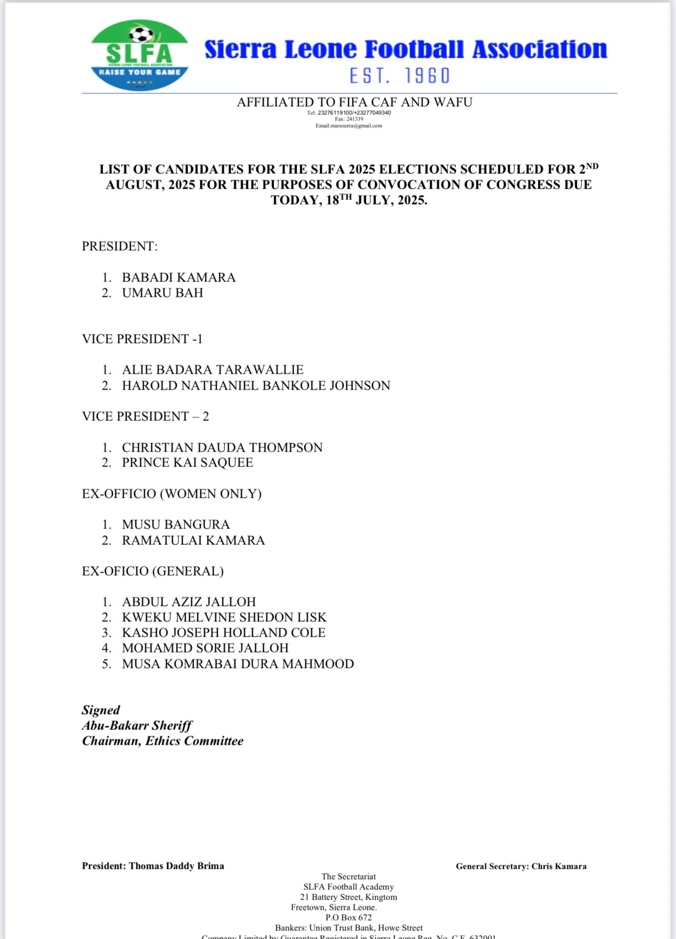 The listed names for 2025 SLFA's elections